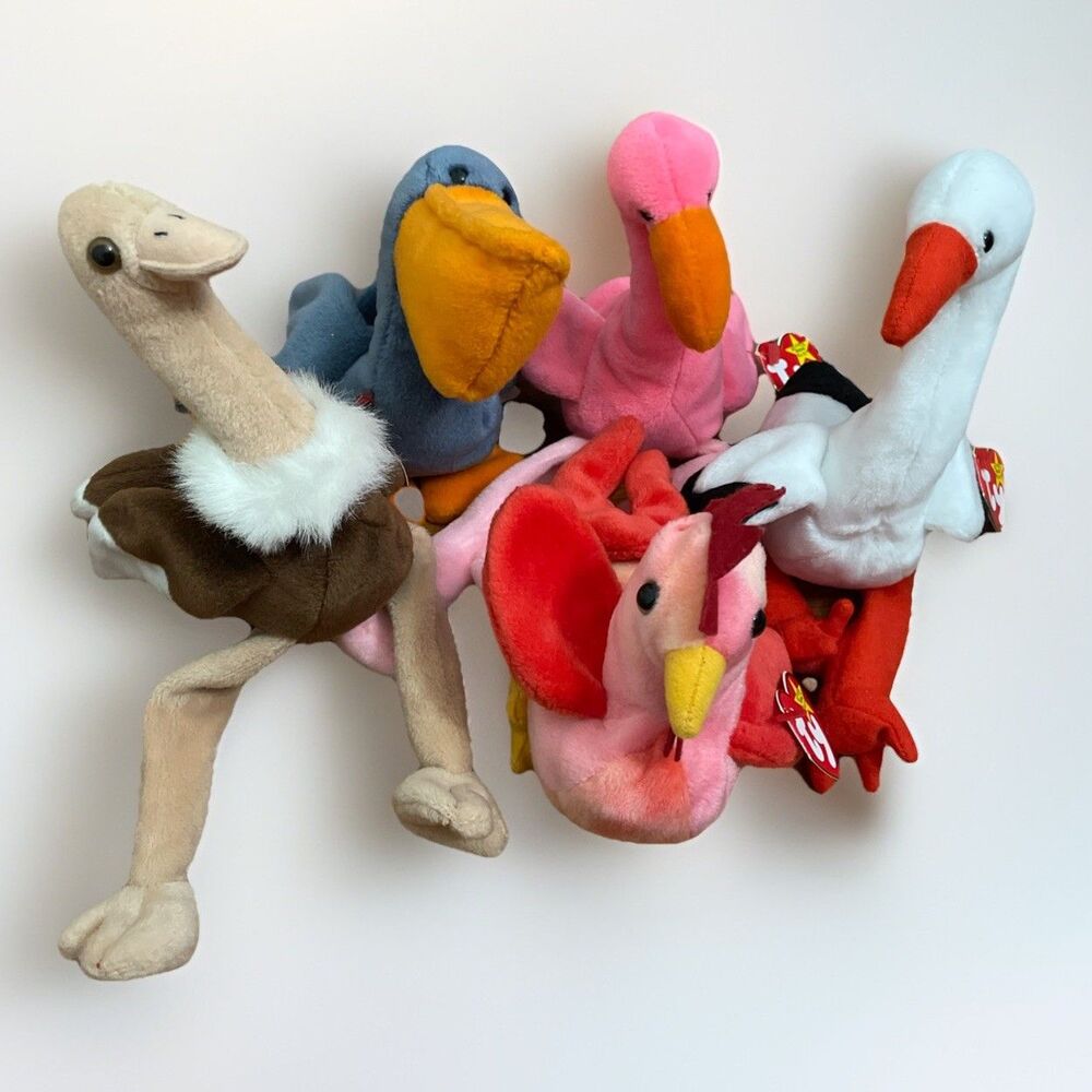 TY Lot Of 5 1990s Retired Bird Beanie Babies Stilts Scoop Strut Stretch Pinky